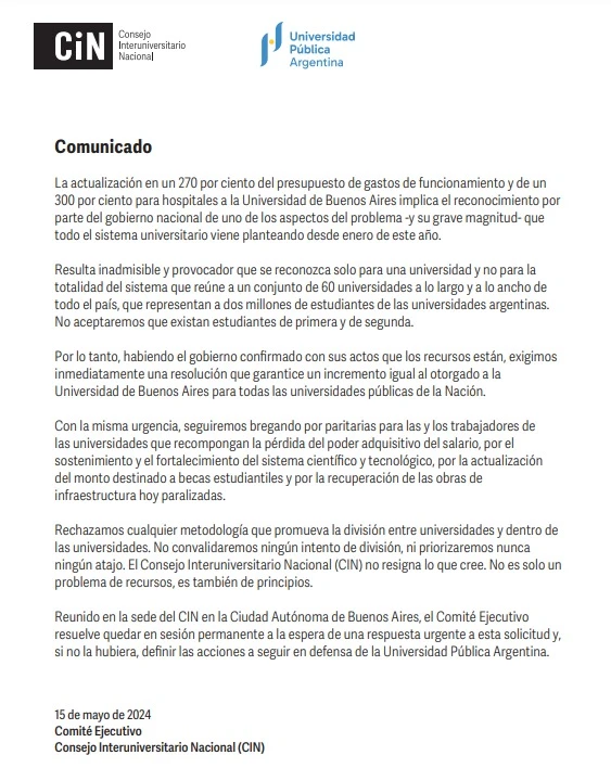 El CIN exige aumento de presupuesto para todas las universidades nacionales