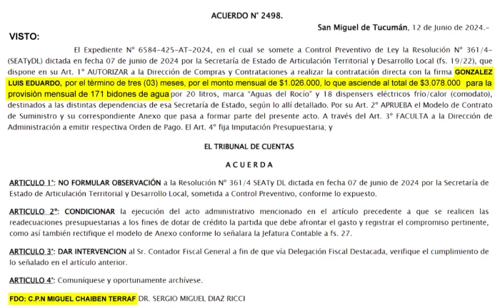 A través del acuerdo 2948 del 2024, Terraf autorizó la provisión mensual de 171 bidones de agua al Estado que realizó su consuegro.&nbsp;