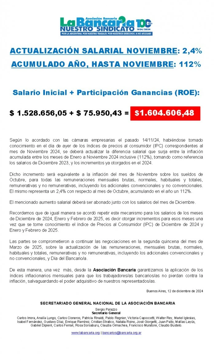 Bancarios cerraron una nueva actualización salarial acorde a la inflación