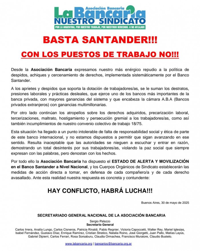 Fuerte repudio de La Bancaria por los despidos del Banco Santander