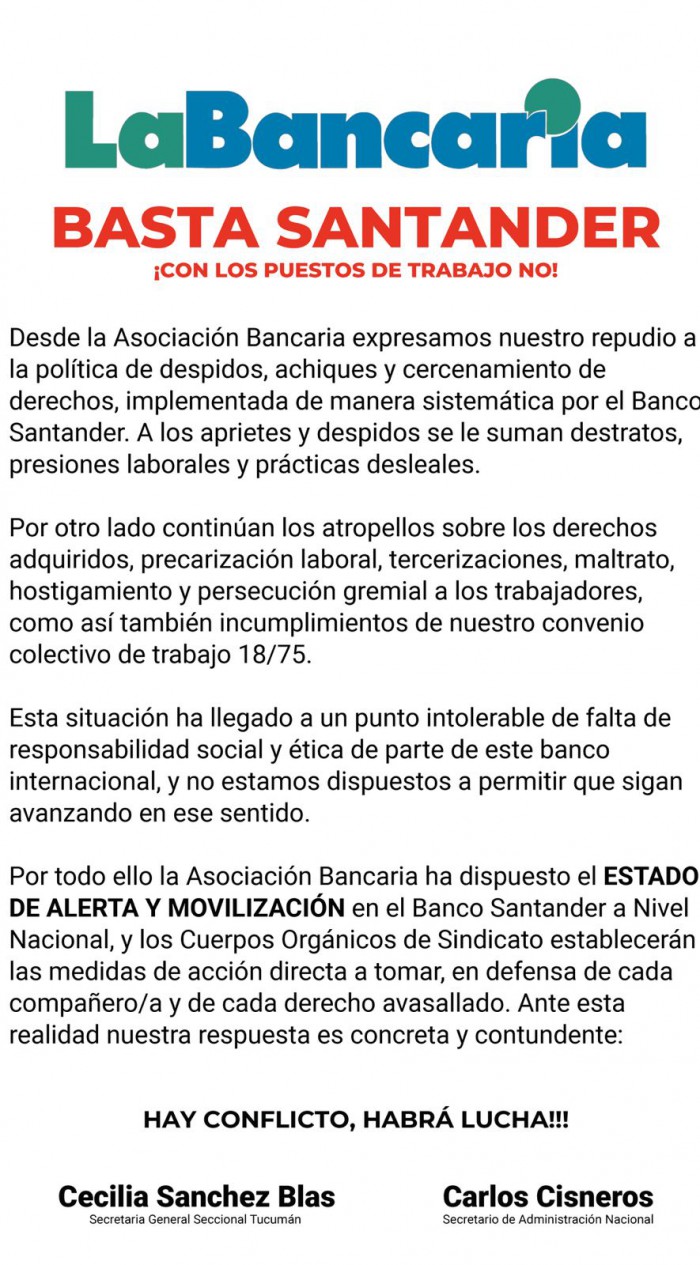 Fuerte repudio de La Bancaria por los despidos del Banco Santander