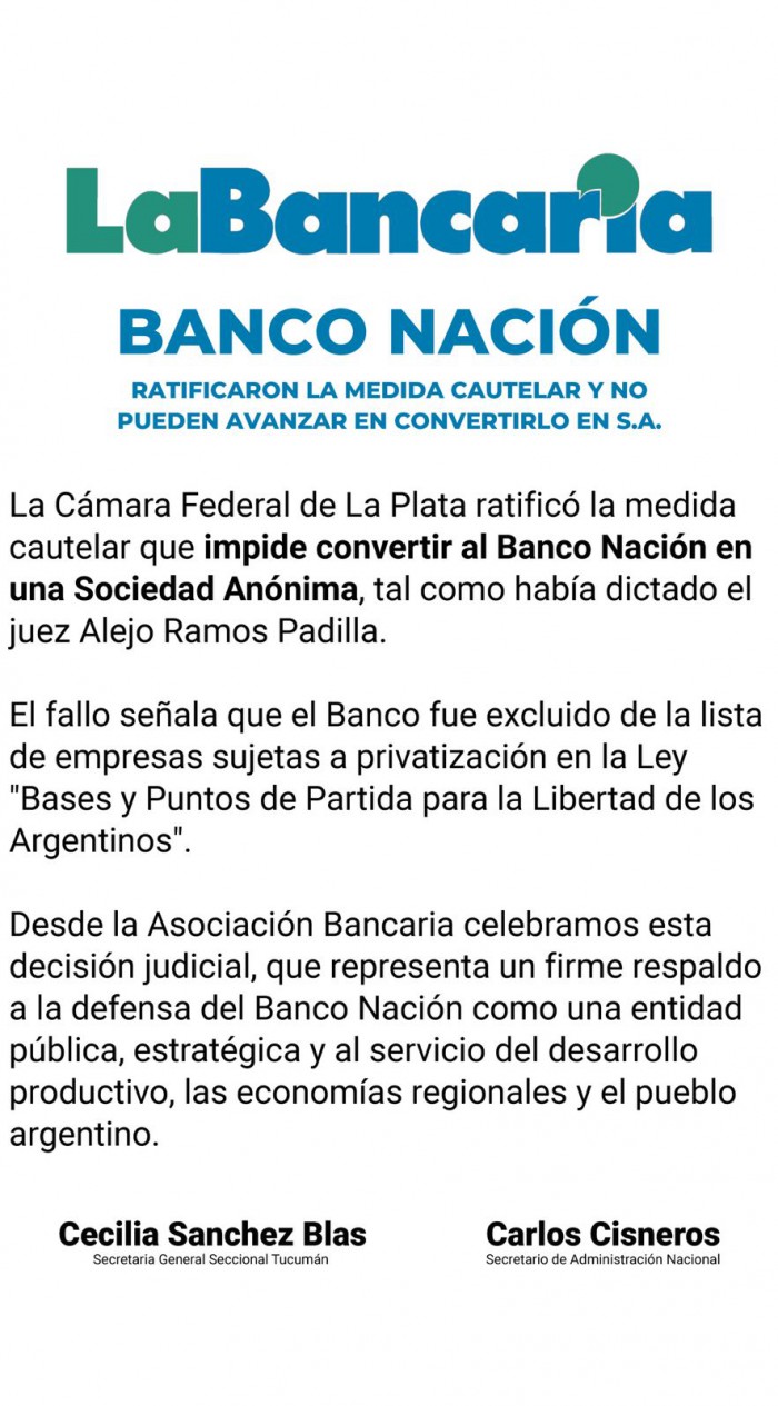 La Bancaria celebró el freno judicial a la conversión del Banco Nación en sociedad anónima