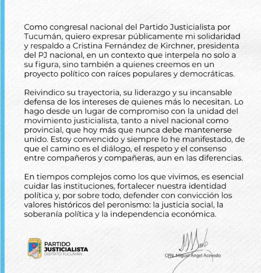 Miguel Acevedo respaldó a Cristina Kirchner tras la sentencia judicial: "Reivindico su liderazgo y compromiso"