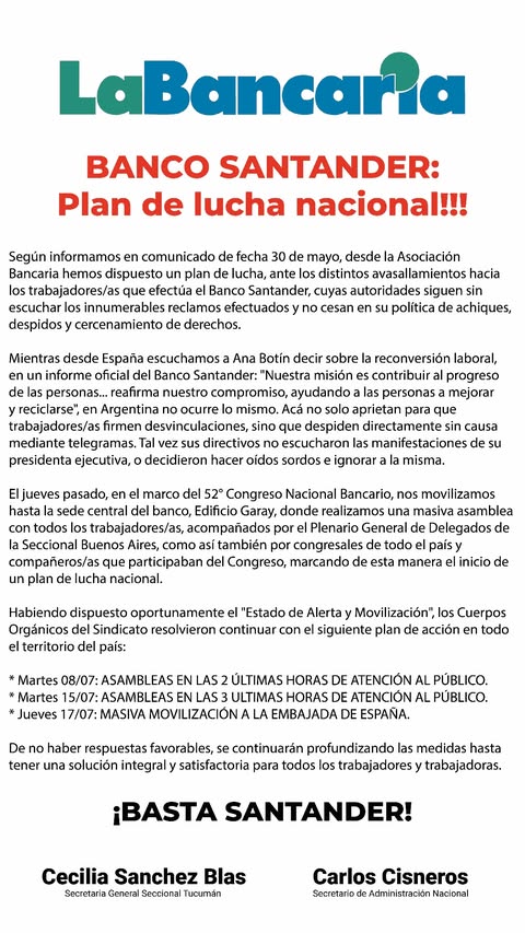 Banco Santander en el centro del conflicto: bancarios lanzan plan de lucha nacional