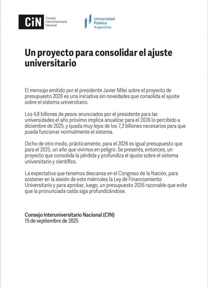 El CIN advierte que el Presupuesto 2026 consolida el ajuste universitario