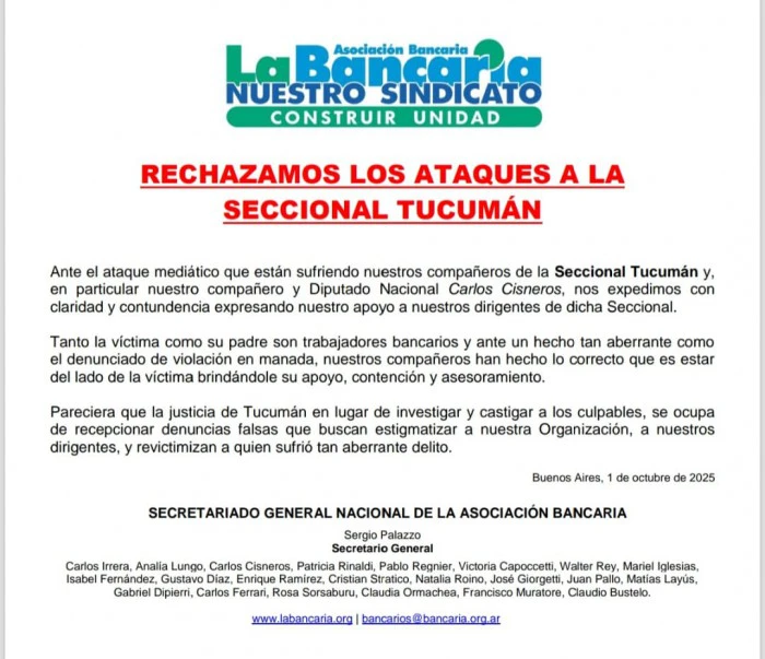 La Bancaria Nacional denunció ataques contra su seccional Tucumán y respaldó a Carlos Cisneros
