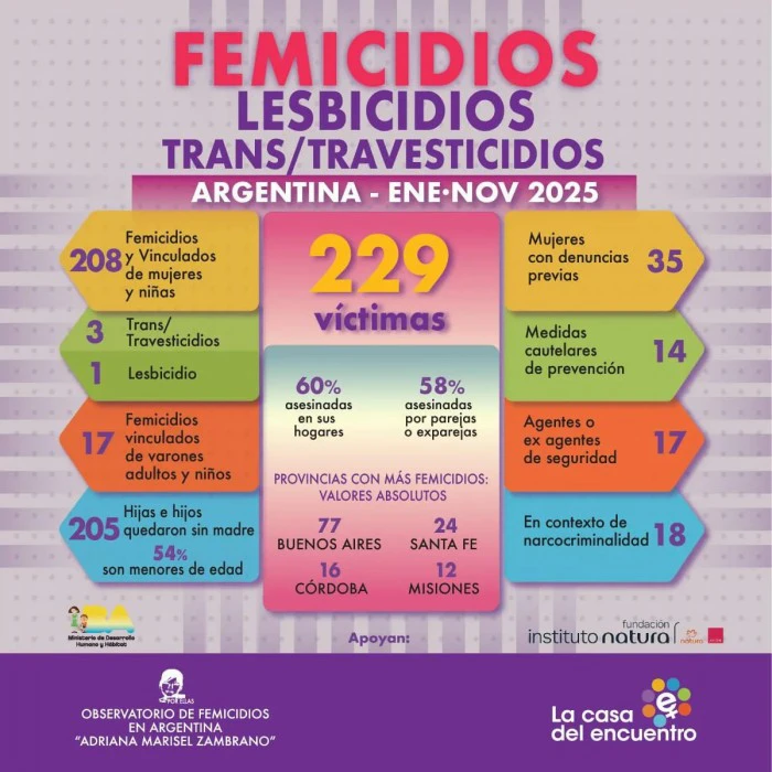 Argentina registró 229 femicidios en lo que va del año