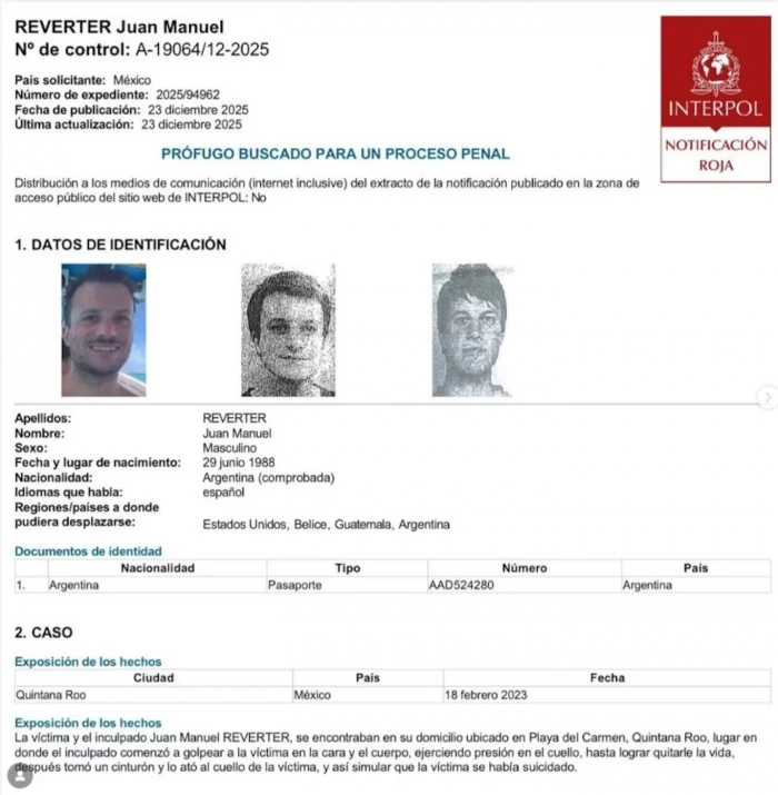 Interpol lanzó una alerta roja para capturar al exnovio de la modelo argentina hallada muerta en México