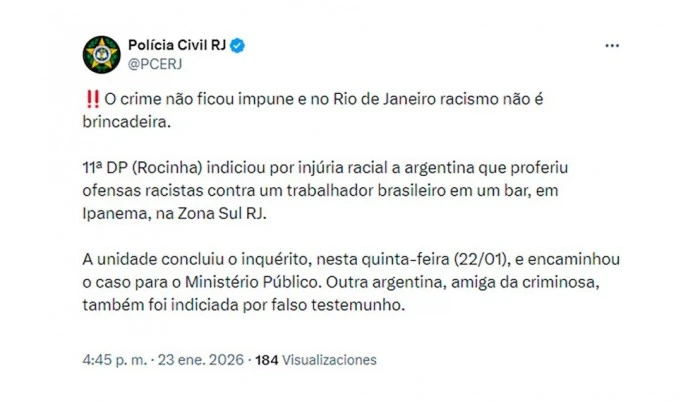 Imputaron por injuria racial a la argentina retenida en Brasil tras un episodio en un bar de Río