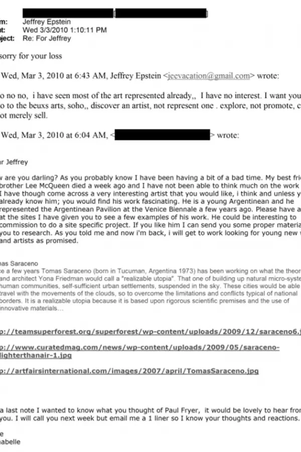 Los archivos del caso Epstein mencionan a un artista tucumano en un correo de 2010