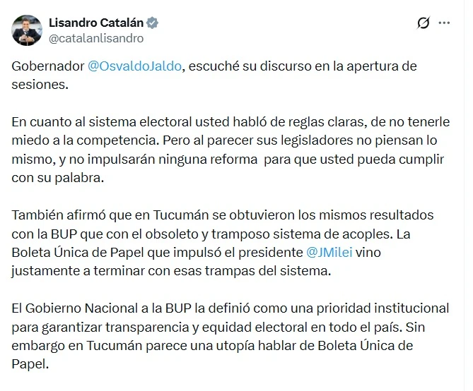 Catalán desafió a Jaldo: "Firmemos juntos un compromiso público de ir sin acoples"