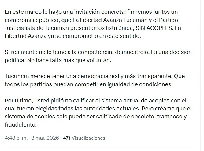 Catalán desafió a Jaldo: "Firmemos juntos un compromiso público de ir sin acoples"