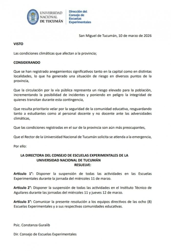 La UNT y escuelas municipales suspendieron clases por el temporal