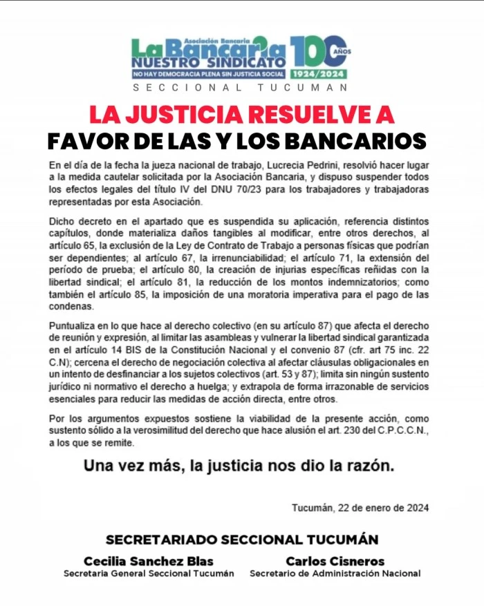 Nuevo revés para el DNU: la Justicia resuelve a favor de La Bancaria