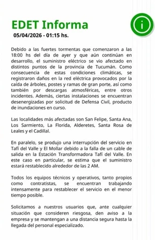 El interior tucumano en el ojo de la tormenta: el comunicado de EDET que admite la magnitud del desastre y calla sobre la anarquía del cableado