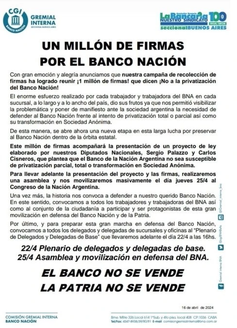 La Bancaria reunió un millón de firmas en contra de la privatización del Banco Nación